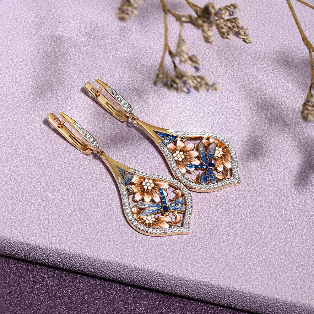 Gold Dragonfly Earrings with Floral Design (Direct Sale)