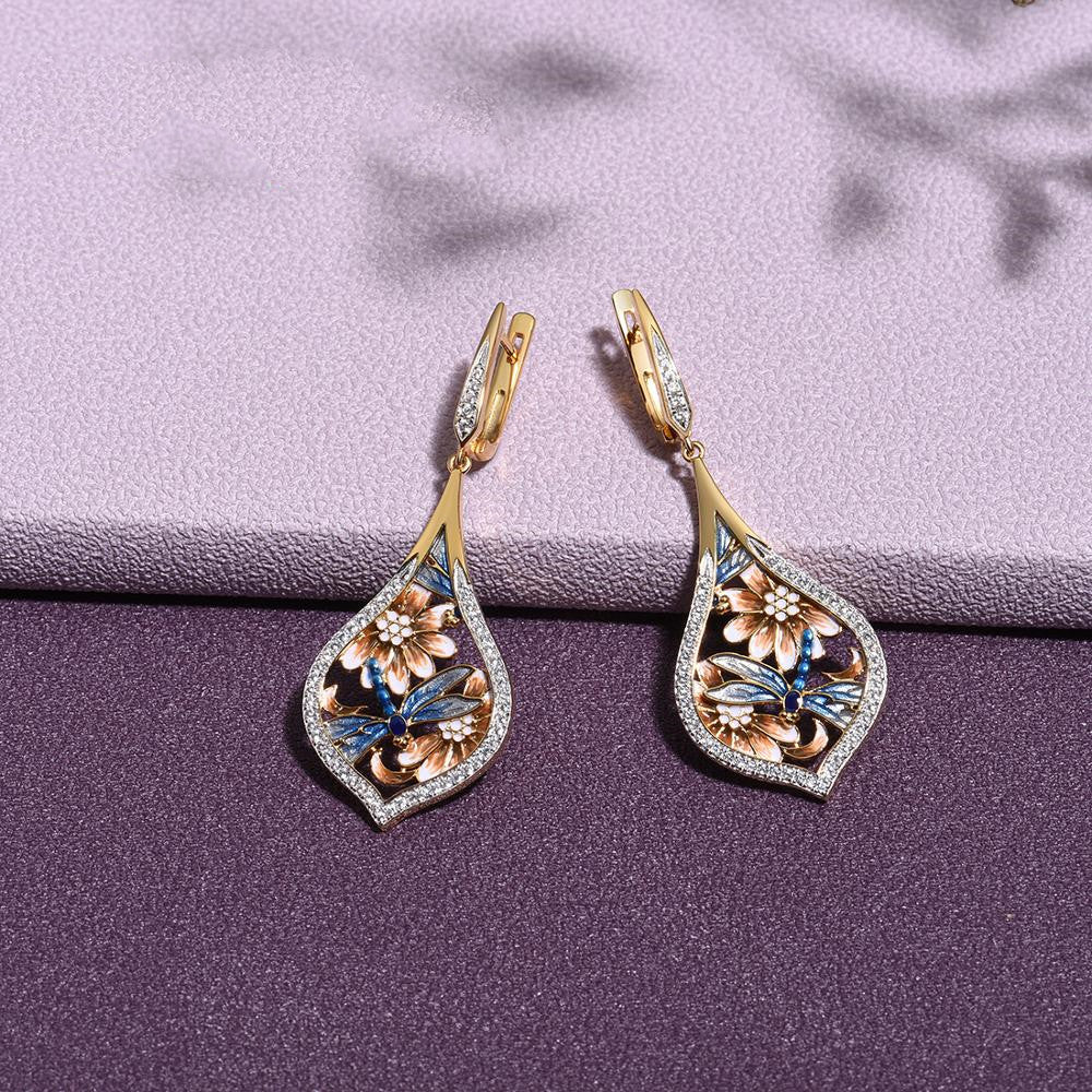 Gold Dragonfly Earrings with Floral Design (Direct Sale)