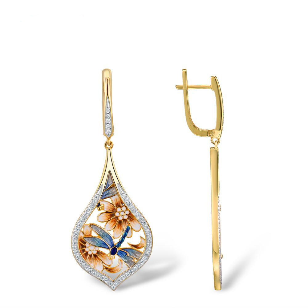 Gold Dragonfly Earrings with Floral Design (Direct Sale)