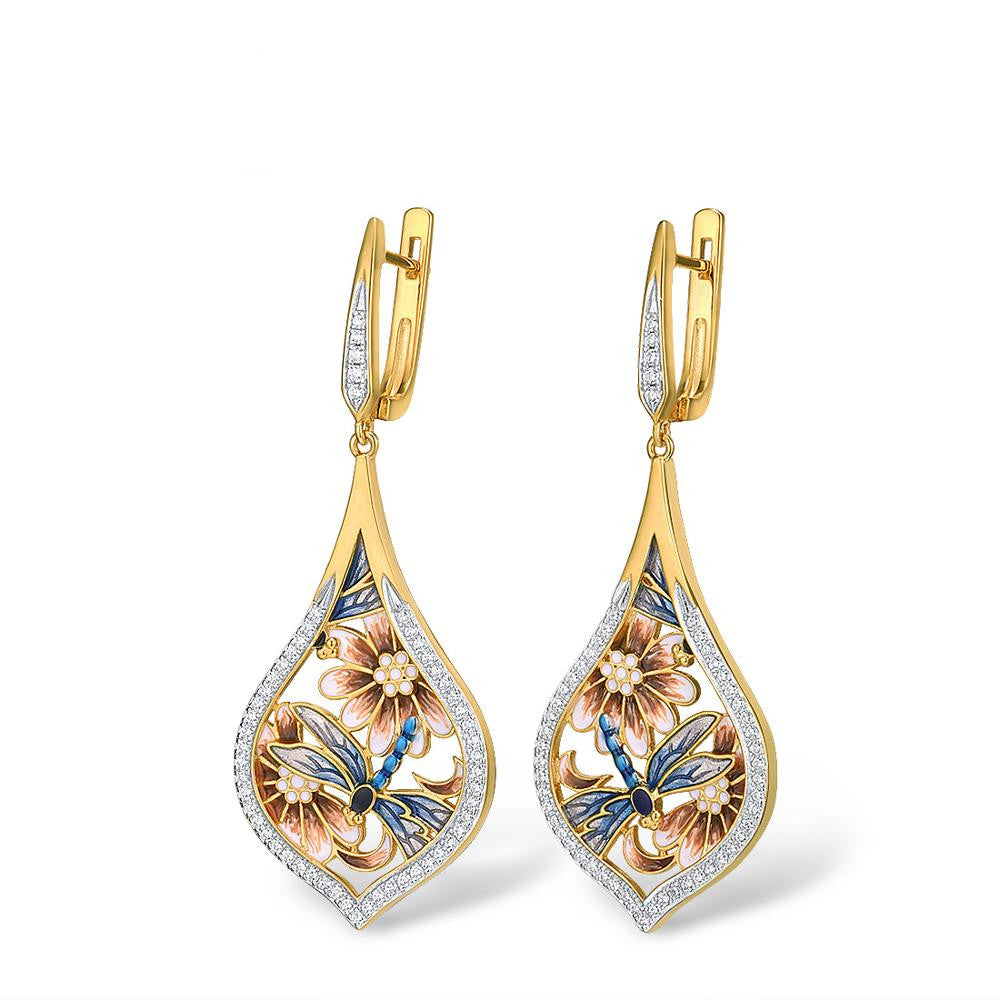 Gold Dragonfly Earrings with Floral Design (Direct Sale)