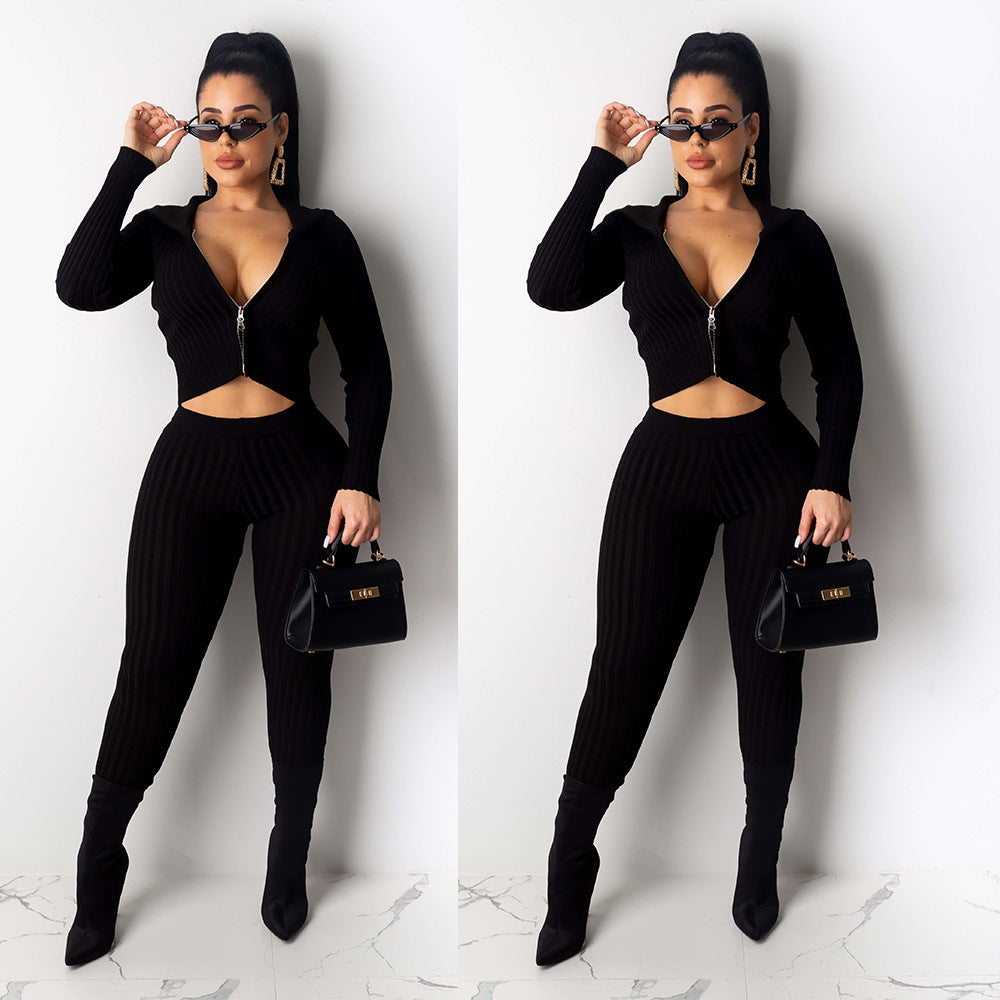 Hooded Ribbed Zip Two-Piece Club Outfit