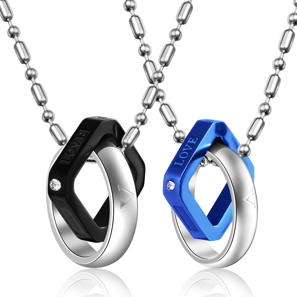Titanium Steel Couples Pendant Necklace with Double Rings