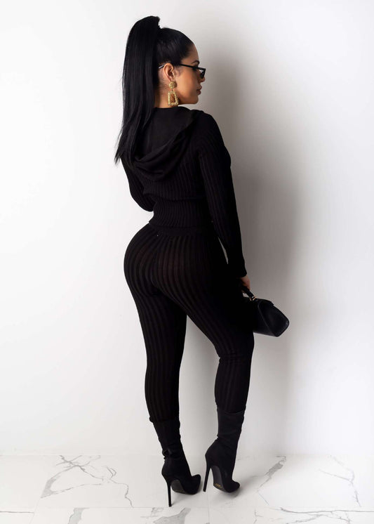 Women's Hooded Ribbed Zip-Up Two-Piece Set – Casual Club Outfit