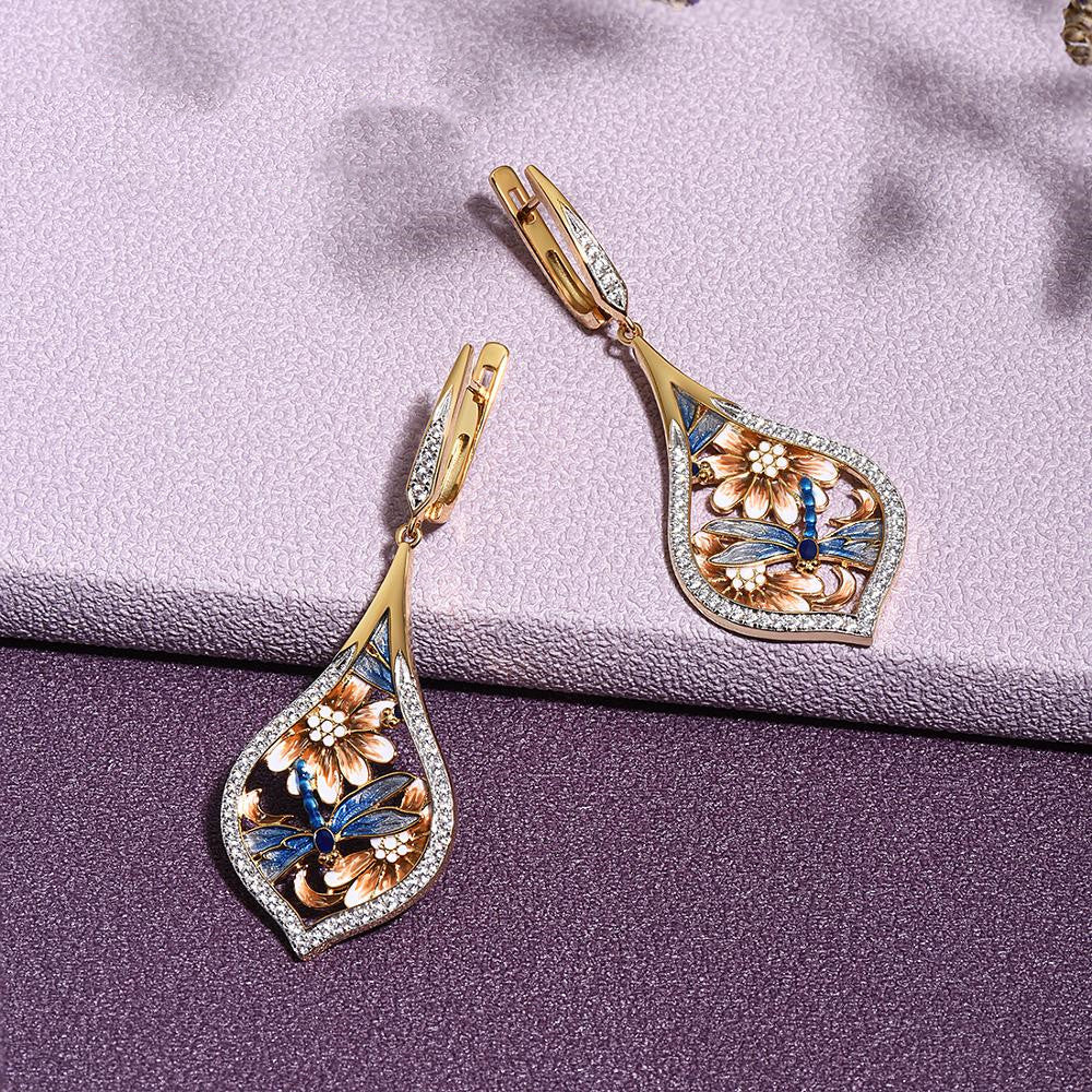 Gold Dragonfly Earrings with Floral Design (Direct Sale)
