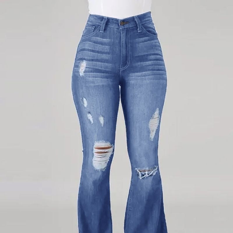 Plus Size High Stretch Ripped Flared Jeans - Casual Style
