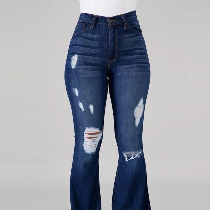 Plus Size High Stretch Ripped Flared Jeans - Casual Style